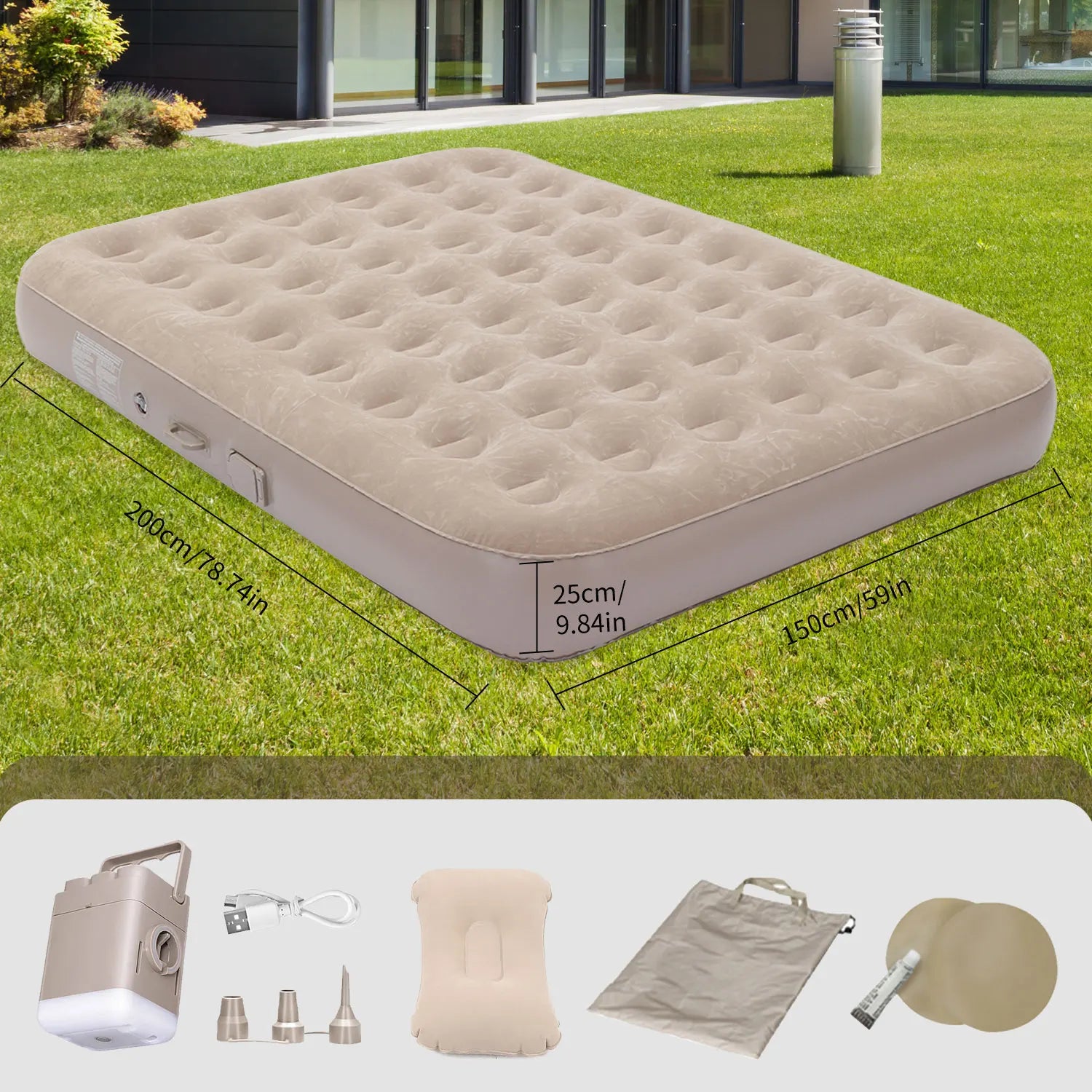 Luxury Double Camping Air Mattress with Integrated Air Pump & LED Light 5 Min Fast Inflate Waterproof Sleeping Pad