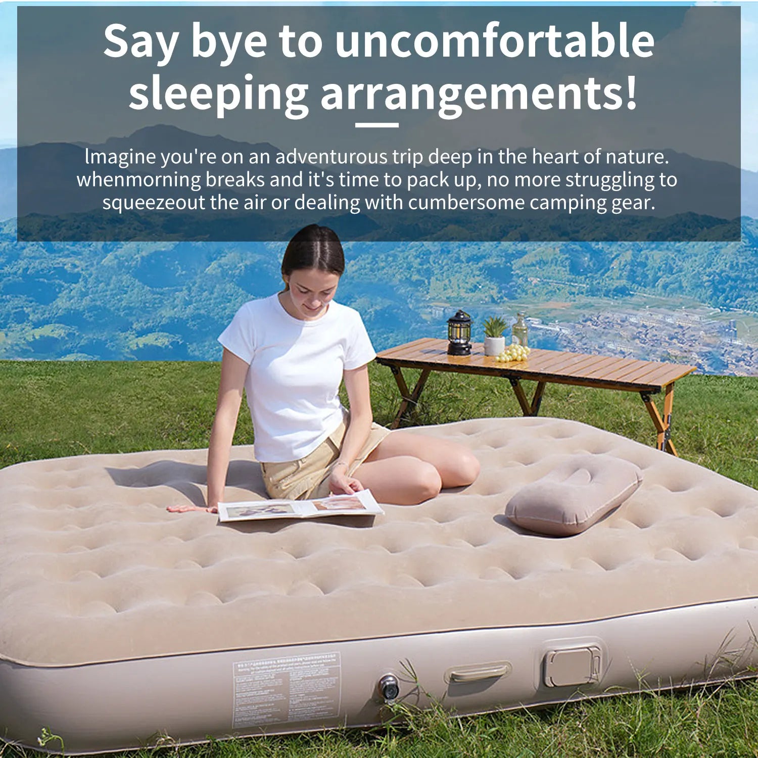 Luxury Double Camping Air Mattress with Integrated Air Pump & LED Light 5 Min Fast Inflate Waterproof Sleeping Pad