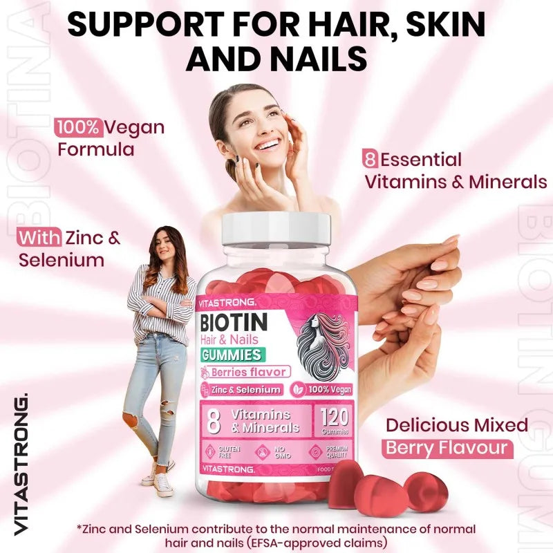 Vitastrong Biotin High Dosage Complex 100% Vegan - 120 Biotin Gum for Hair, Skin and Nails with Zinc, Selenium, Vitamin C, Vitamin E, Vitamin B6, folate and Potassium Iodide-Supports Healthy Hair and Reduces Fatigue