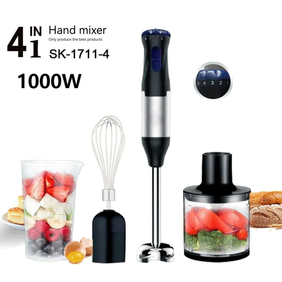 1000W 4-in-1 Electric Hand Blender Immersion Mixer Stainless Steel Stick Food Processor Low Noise 36-45dB for Baby Food Soup Smoothie 220V Main image