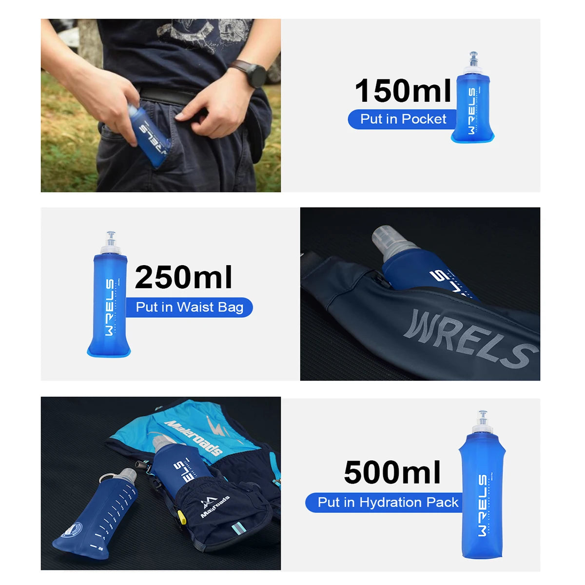 WRELS Foldable Silicone Water Bottle Outdoors Traveling Sport Running Cycling Kettle Water Bottle BPA Free 500ml With Straw