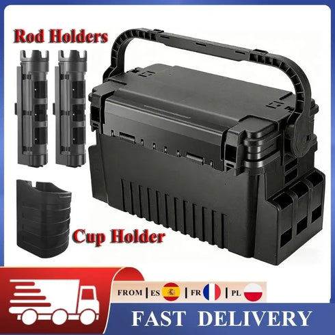 Double Layer Fishing Tackle Box Portable Waterproof Fishing Gear Storage Case with Adjustable Dividers, Rod Holders & Cup Holder