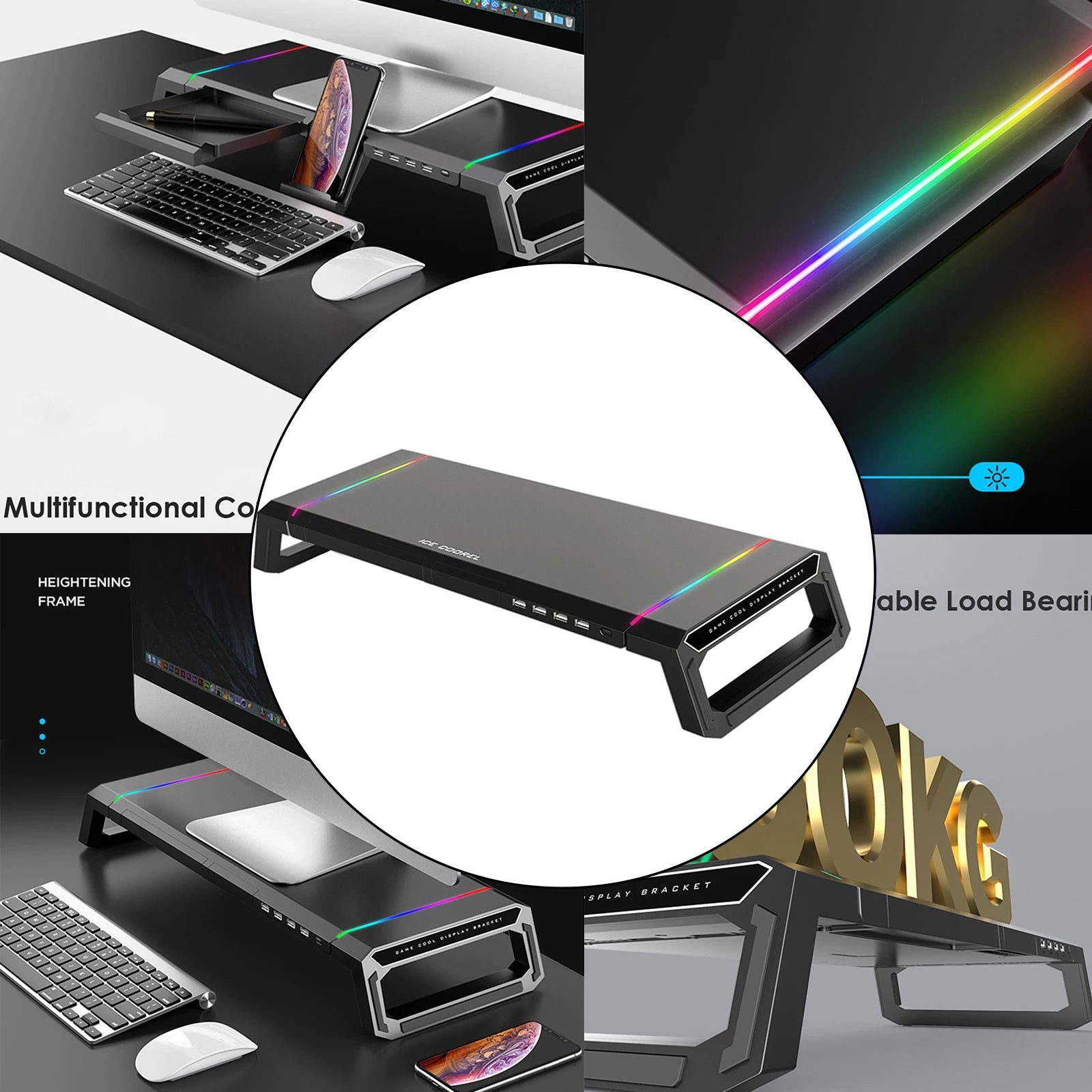 Aluminum RGB Monitor Stand Riser Bracket with 4 USB Ports Desk Organizer All-In-One Computer Laptop Height Stand Holder