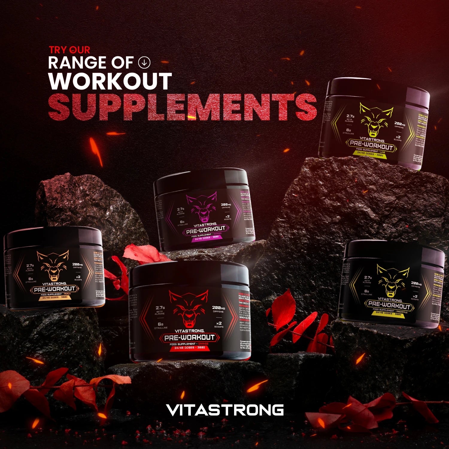 Pre-Workout Powerful 300g - Vegan Supplement with L-Citrulline, Beta-Alanine, Caffeine, Taurine, AstraGin, Panax Notoginseng, Vitastrong (24 Portions, Orange Flavor) - Made in Italy, Preworkout Supplement Powder