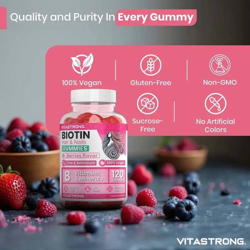 Vitastrong Biotin High Dosage Complex 100% Vegan - 120 Biotin Gum for Hair, Skin and Nails with Zinc, Selenium, Vitamin C, Vitamin E, Vitamin B6, folate and Potassium Iodide-Supports Healthy Hair and Reduces Fatigue