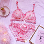 Cute Japanese Bras Briefs Underwear Set Lolita Girl Pink Plaid Flower Mesh Sexy Strawberry Print Bra & Panties Lingerie Set