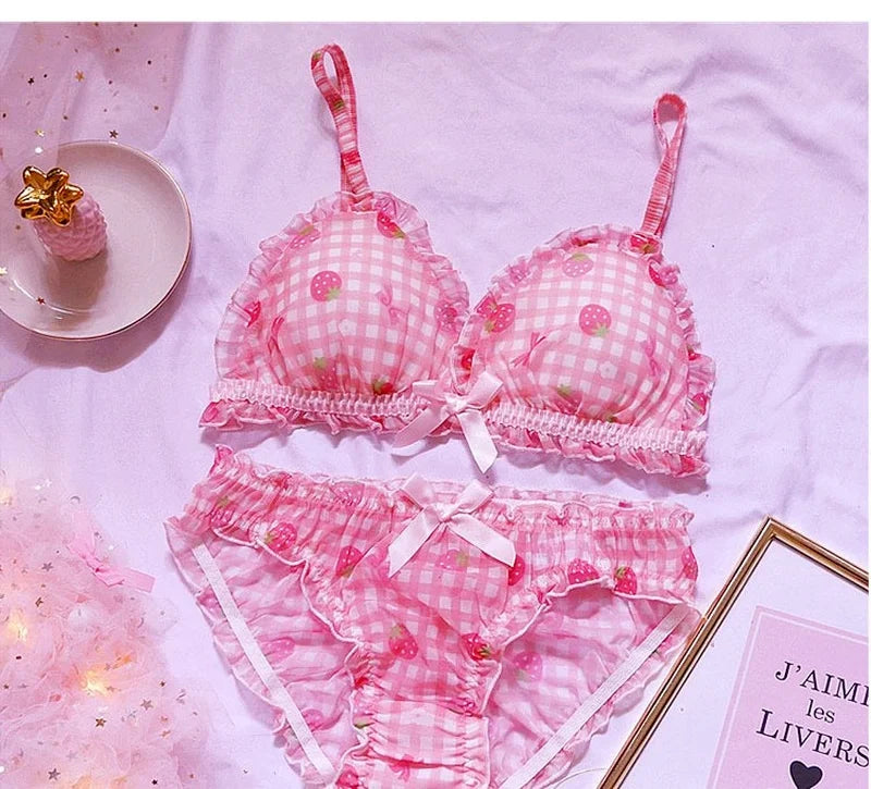 Cute Japanese Bras Briefs Underwear Set Lolita Girl Pink Plaid Flower Mesh Sexy Strawberry Print Bra & Panties Lingerie Set