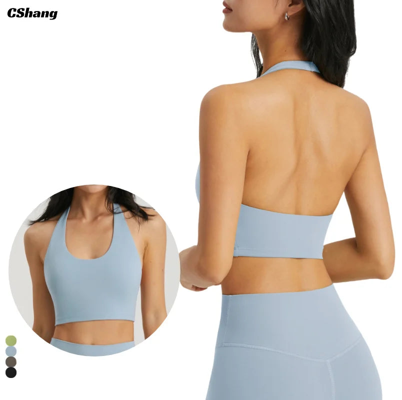 Custom Logo Front/Back Lightweight Backless Fitness Training Halter Bra Workout Yoga Activewear Sports Bra for Women