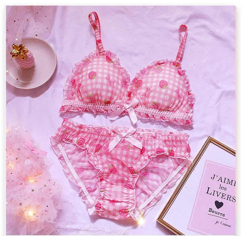 Cute Japanese Bras Briefs Underwear Set Lolita Girl Pink Plaid Flower Mesh Sexy Strawberry Print Bra & Panties Lingerie Set