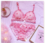 Cute Japanese Bras Briefs Underwear Set Lolita Girl Pink Plaid Flower Mesh Sexy Strawberry Print Bra & Panties Lingerie Set