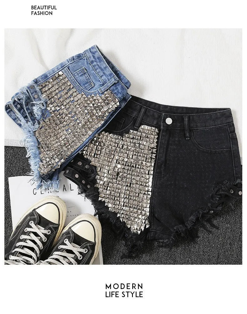 Summer Side Spike Women Denim Shorts 2021 Fashion Loose Holes High Waist Jeans High Street Wide Legs Thin Shorts Women Trousers