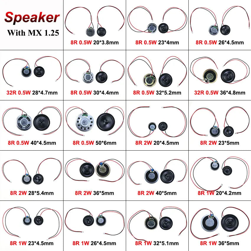 2x 8 32 Ohms 8R 32R 0.5W 1W 2W Diameter 20 23 26 28 30 32 36 40 50 MM Ultra-thin Speaker W/ MX XH DuPont Line 1.25 2.54 Terminal
