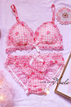 Cute Japanese Bras Briefs Underwear Set Lolita Girl Pink Plaid Flower Mesh Sexy Strawberry Print Bra & Panties Lingerie Set