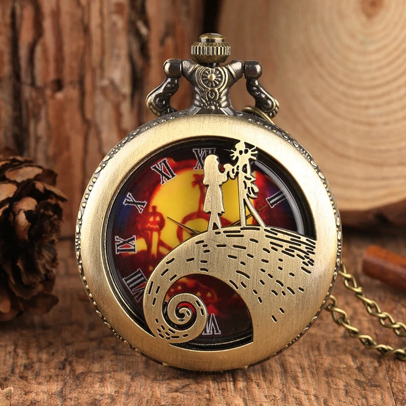 Retro Skull Punk Chain Necklace Quartz Pocket Watch Jack Pendant Retro Bronze Jewelry Fob Necklace Watches for Men Women Kids