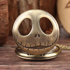 Retro Skull Punk Chain Necklace Quartz Pocket Watch Jack Pendant Retro Bronze Jewelry Fob Necklace Watches for Men Women Kids