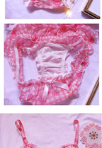 Cute Japanese Bras Briefs Underwear Set Lolita Girl Pink Plaid Flower Mesh Sexy Strawberry Print Bra & Panties Lingerie Set