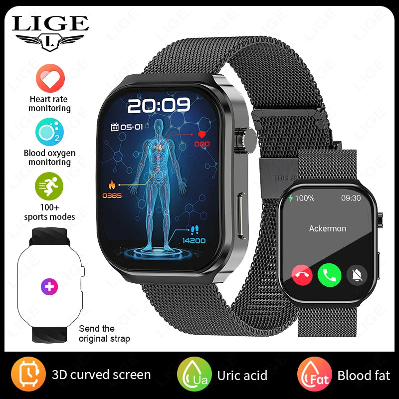 LIGE 2026 New AI Healthy Diagnose Smart Watch Blood Lipid Uric Acid Bluetooth Call Blood Pressure Health Smartwatch Men Women