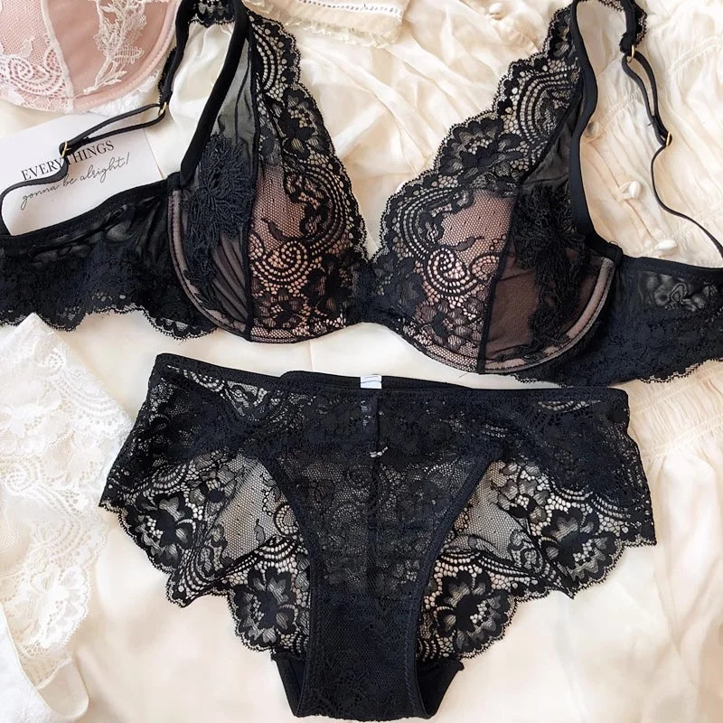 Full Lace Thin Cup Comfortable Young Girls Fashion Intimates, Wire Free Seamless Lingerie For Women Sexy Underwear Bra Pants