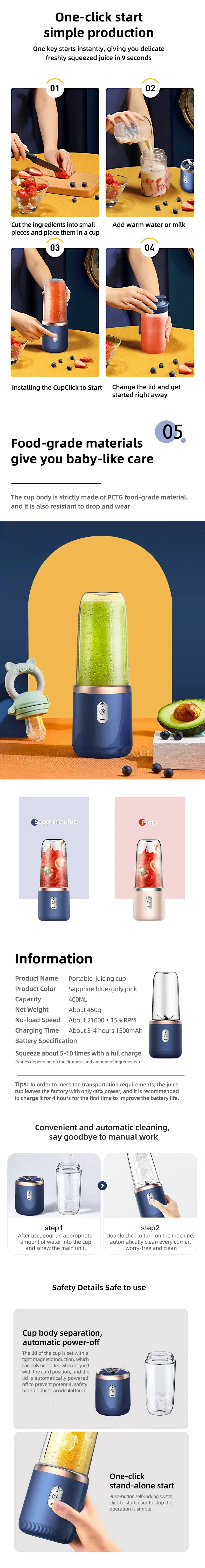 High-Speed Portable Juicer Cup, USB Rechargeable Blender with 6-Blade Head for Fresh Juice, Shakes & Travel