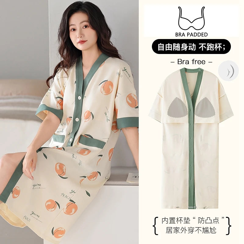 SUKAE Midi Nightdress M-5XL V-neck Bra Padded Botton Sleepshirt Plus Size Cotton Nightgowns Summer Women Short Sleeves Nightgown