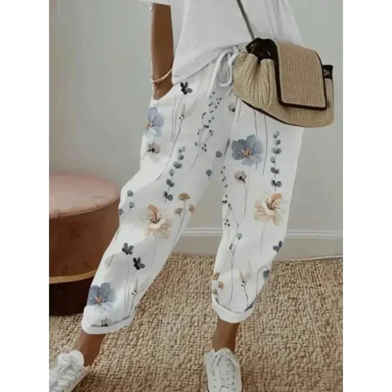 Plus Size 1XL-5XL Women's Fashion Floral Print Straight Elastic Drawstring Pocket Pants Ladise Casual Versatile Pants