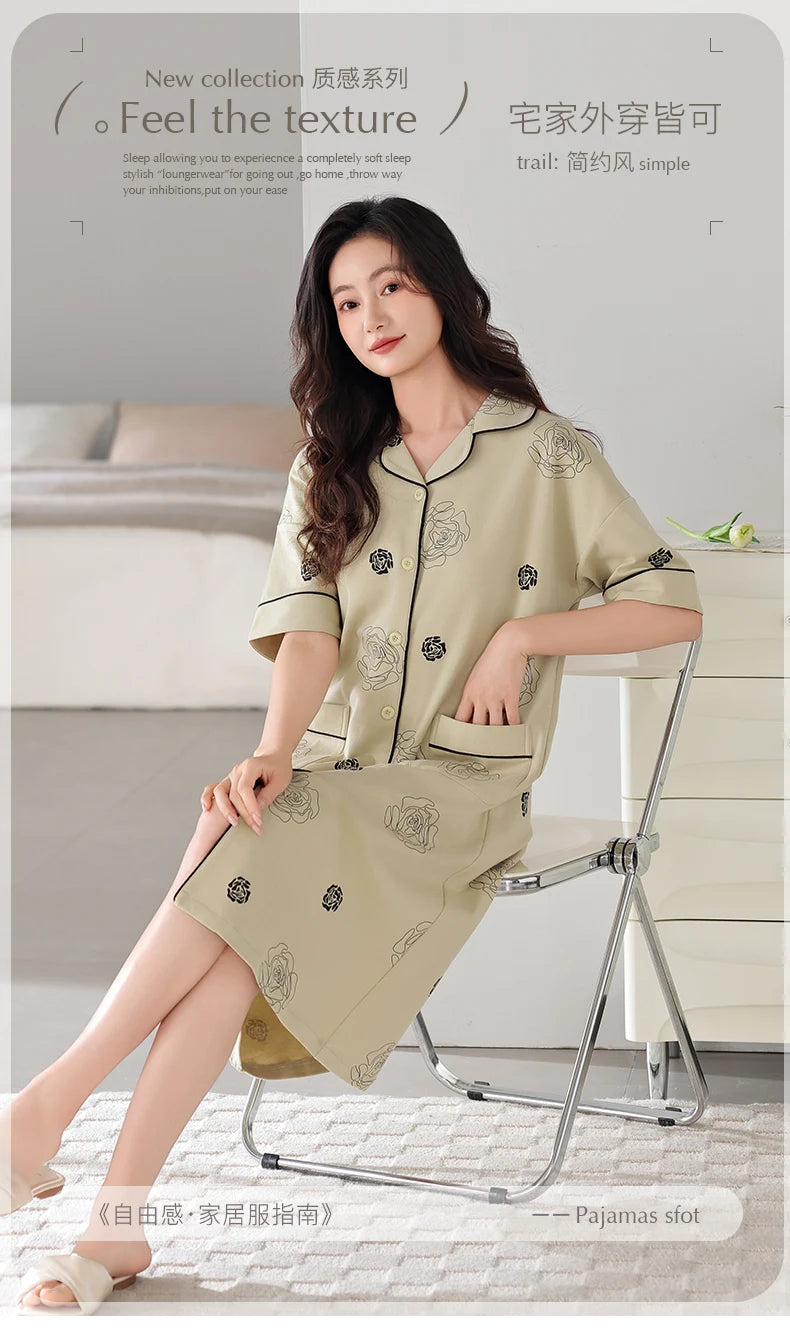 SUKAE Midi Nightdress M-5XL V-neck Bra Padded Botton Sleepshirt Plus Size Cotton Nightgowns Summer Women Short Sleeves Nightgown