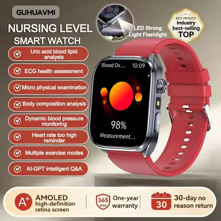New Health Watch Uric Acid Blood Pressure Blood oxygen Body Analysis Body Fat SmartWatch ECG+PPG Bluetooth call Clock Women Men