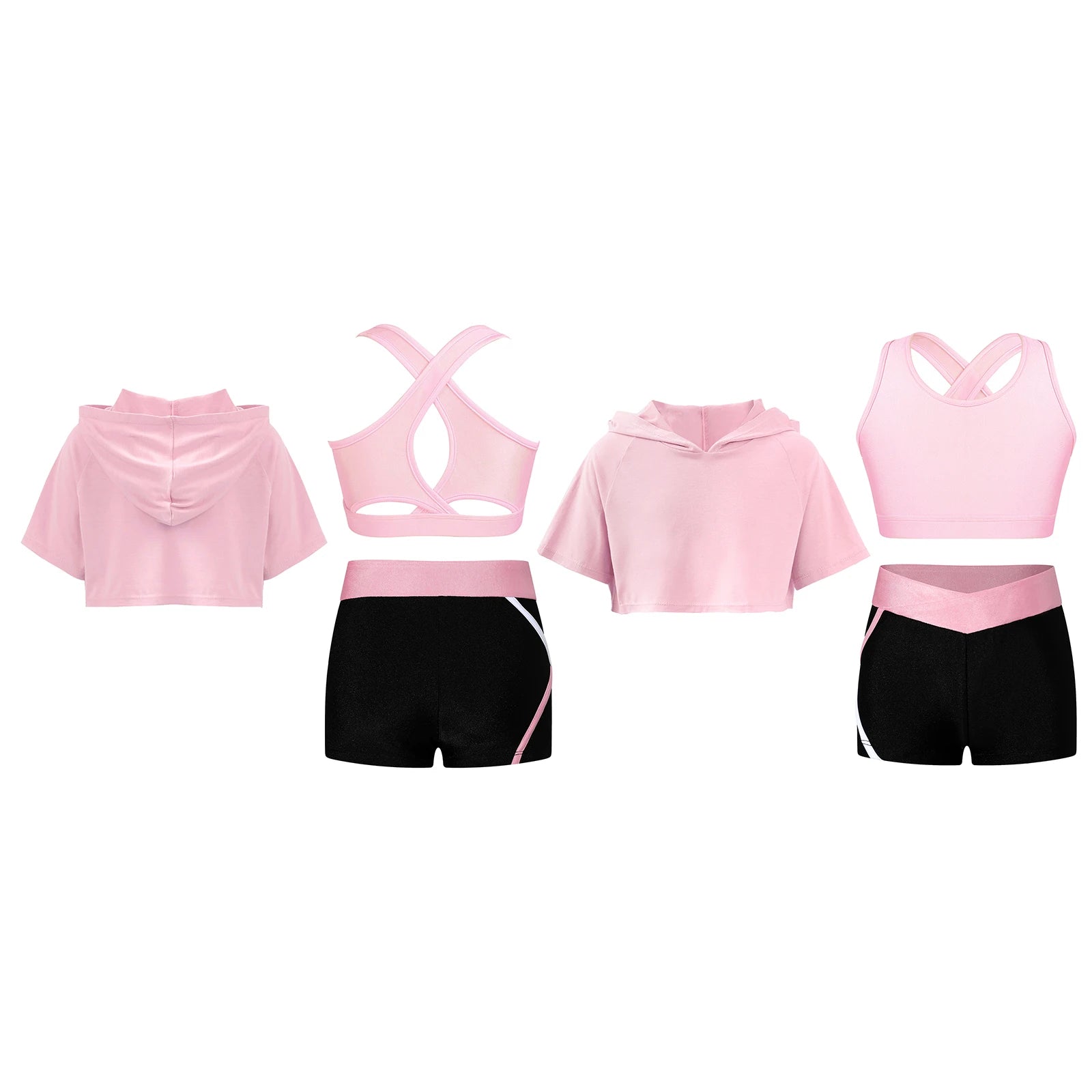 3Pcs Girls Sports Set Vest+Hooded Crop Top+Shorts Sportswear Set for Child Dance Yoga Running Cycling Workout Costume Activewear