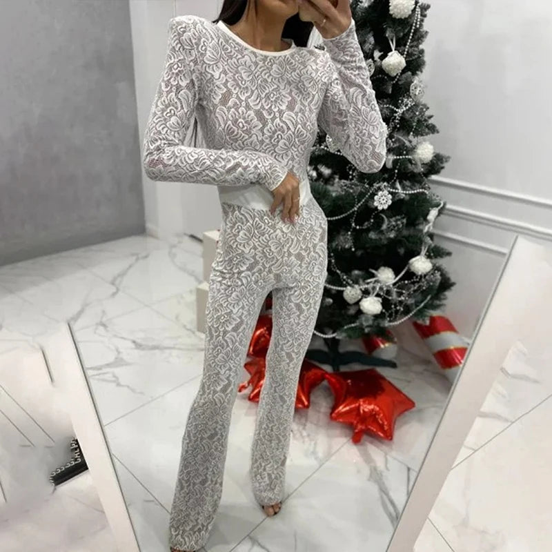 Women's Elegant Office Straight Pants Playsuit Sexy O Neck Lace Slim Club Jumpsuit Autumn Casual Long Sleeved High Waist Romper Secondary image