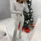 Women's Elegant Office Straight Pants Playsuit Sexy O Neck Lace Slim Club Jumpsuit Autumn Casual Long Sleeved High Waist Romper