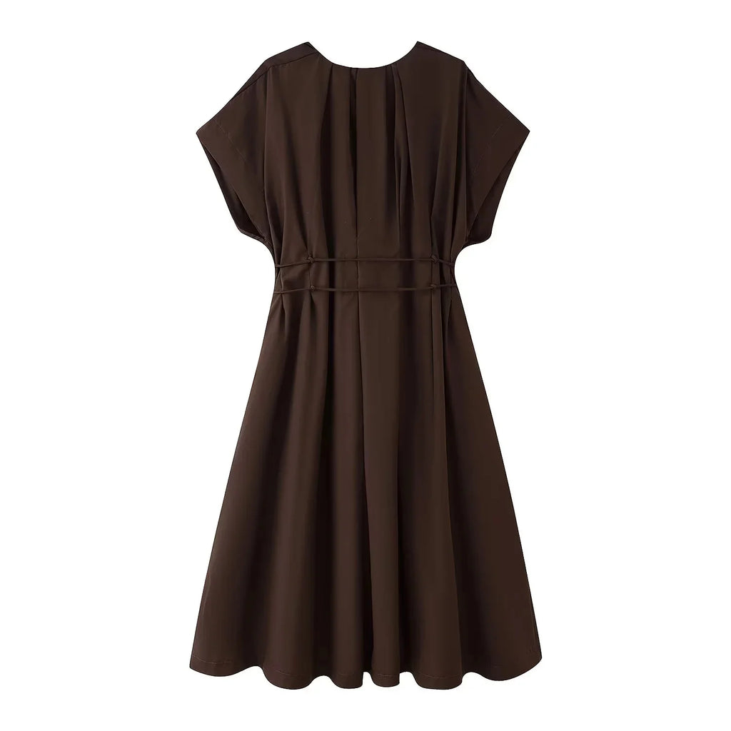 KONDALA 2026 Spring Summer Vintage Women Dress Fashion Single Breasted Sashes Draped V Neck Sleeveless Chic Brown Ladies Dresses