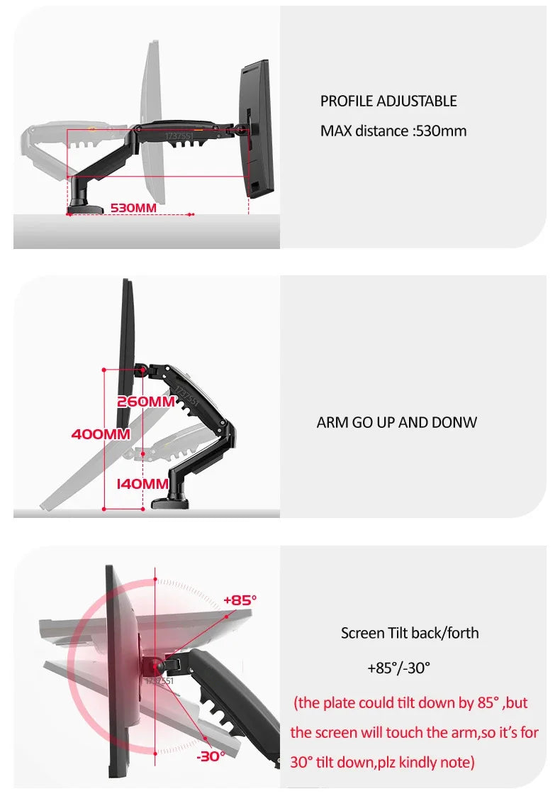 D-MOUNT K80 metal 17"-30" monitor desktop stand mount gas spring arm full motion rotate clamp grommet 2-9KG