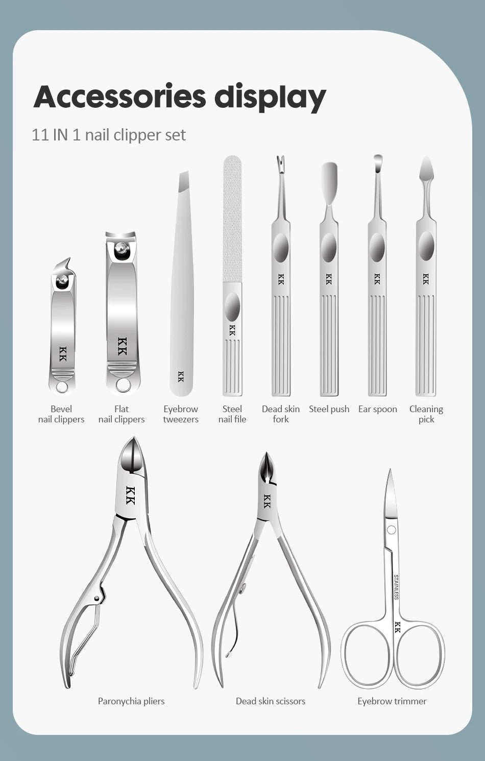 KK 11 in 1 Manicure Tools Professional Nail Clippers Set Stainless Steel Nail Cutter Pliers Scissors Kit Foot Care Hand Care