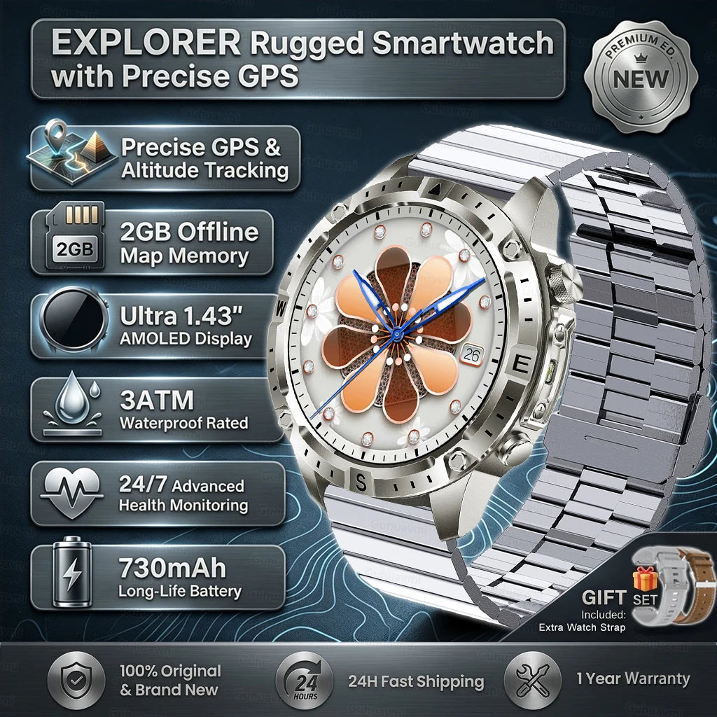 GPS Smart Watch for Men 2G ROM GPS Offline Maps Waterproof Swim Hiking Fitness Tracker Sleep SpO2 Rugged Durable Smartwatch GPS