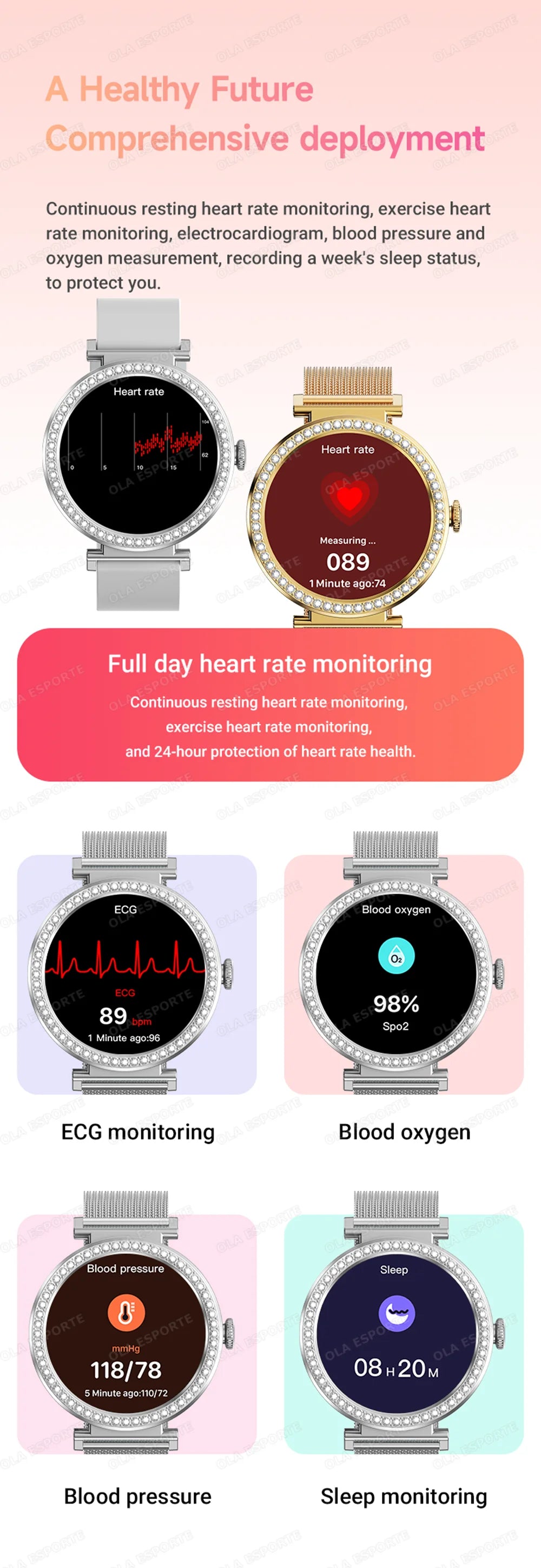 Fashion Zircon Smart Watch 1.46" AMOLED Screen 5.4 Bluetooth Call Heart Rate Temperature Monitoring Women Smartwatch Pedometer