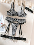 Sexy Perspective Breast Gather Printed Lingerie Set with Gloves Leg Set for Women's Five Piece Set Female Fun Bra & Brief Sets