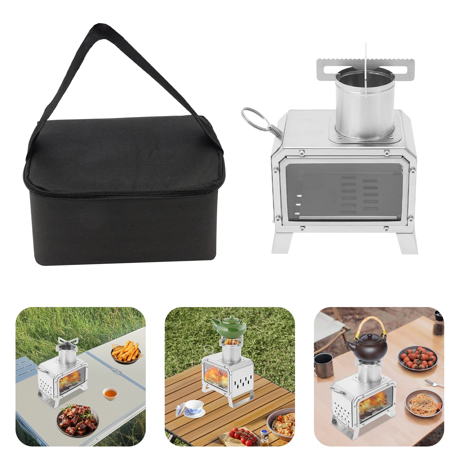 Portable Camping Wood Stove, Mini Stainless Steel Fire Pit for Outdoor Cooking, Hiking, BBQ, with Glass Window & Airflow Vents Main image