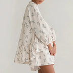 Casual Beige Print Women's Two Pieces Set Fashion Stand Collar Wrist Sleeve Ruffled Shirts And High Waisted Shorts Suit Woman