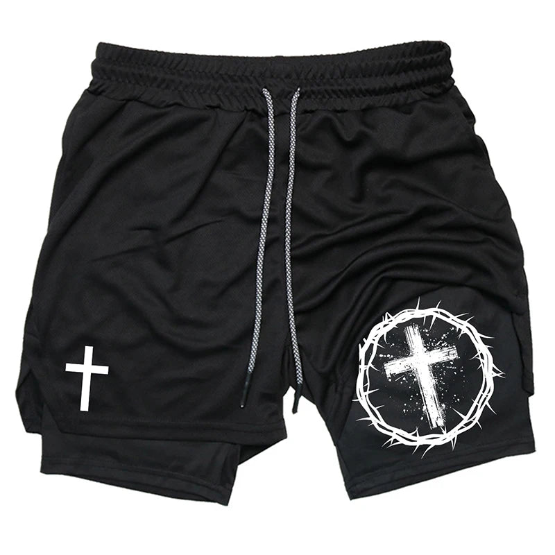 Print 2 in 1 Running Workout Shorts for Men Christian Gym Athletic Performance Shorts with Phone Pocket Towel Loop Activewear