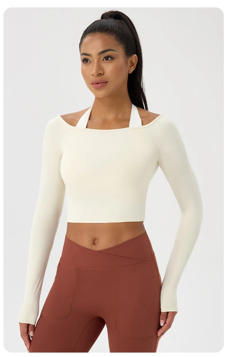 Yoga long-sleeved T-shirt women's one-shoulder sexy tight fitness wear top nude feel quick-drying sports sleeved Yoga Shirts