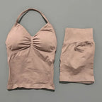 2 Pieces Sports Set Women Backless Halter Tops Fitness Tank Top High Waist Seamless High Stretch Shorts Gym Workout Sets