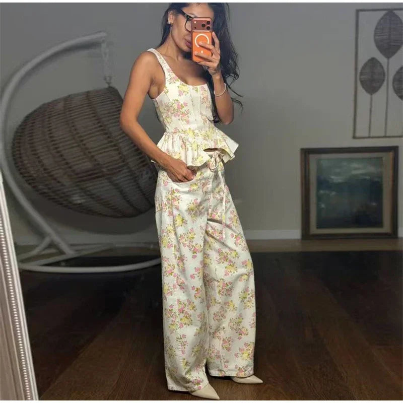 Elegant Floral Print Set Women Square Neck Sleeveless Ruffle Top Lace Up Floor Length Wide Leg Pants Sets Lady Casual Outfits