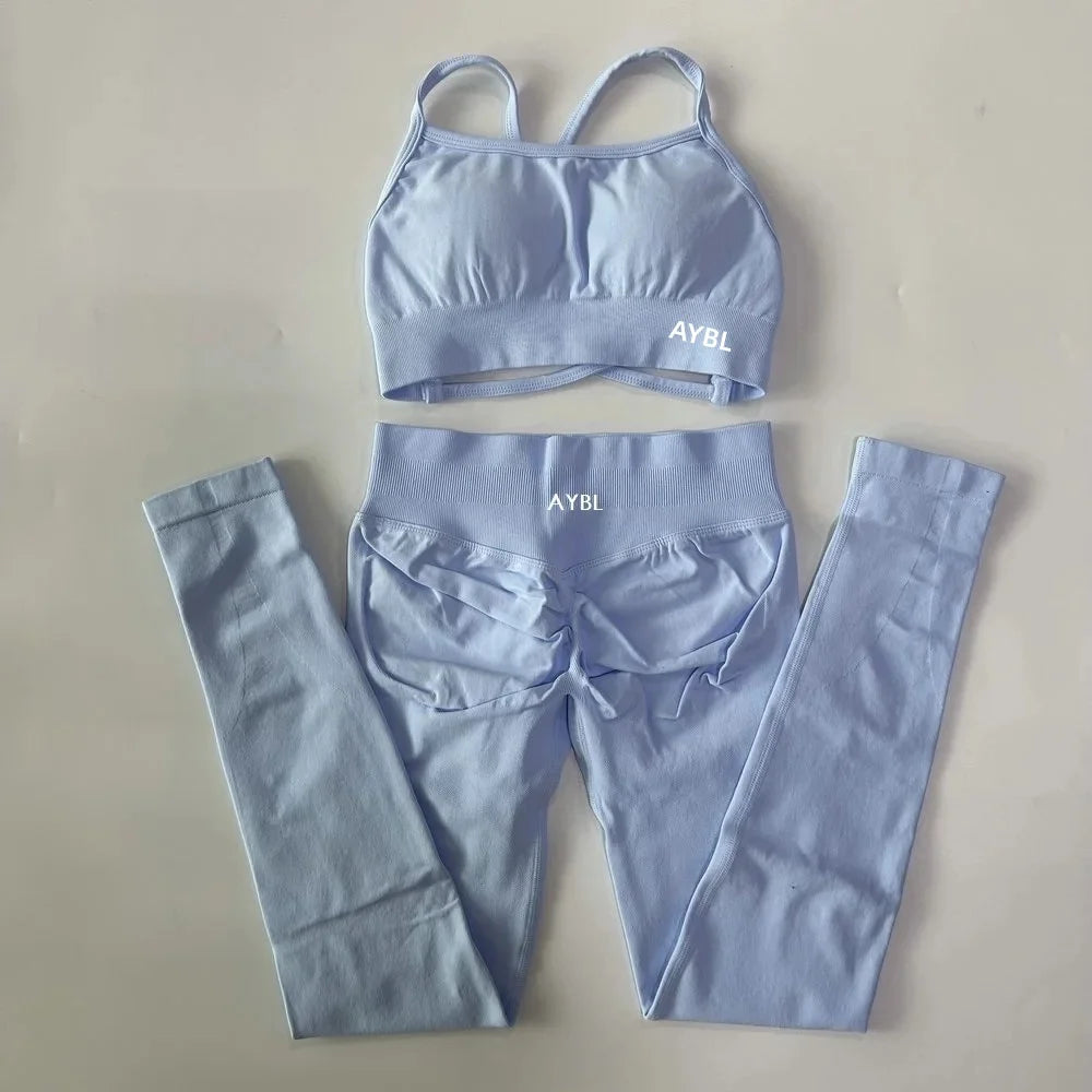 AYBL Yoga Set Seamless Yoga Set 2 Pieces Women Workout Set Scrunch Leggings Backless Sports Bra Fitness Top Gym Pants Clothes