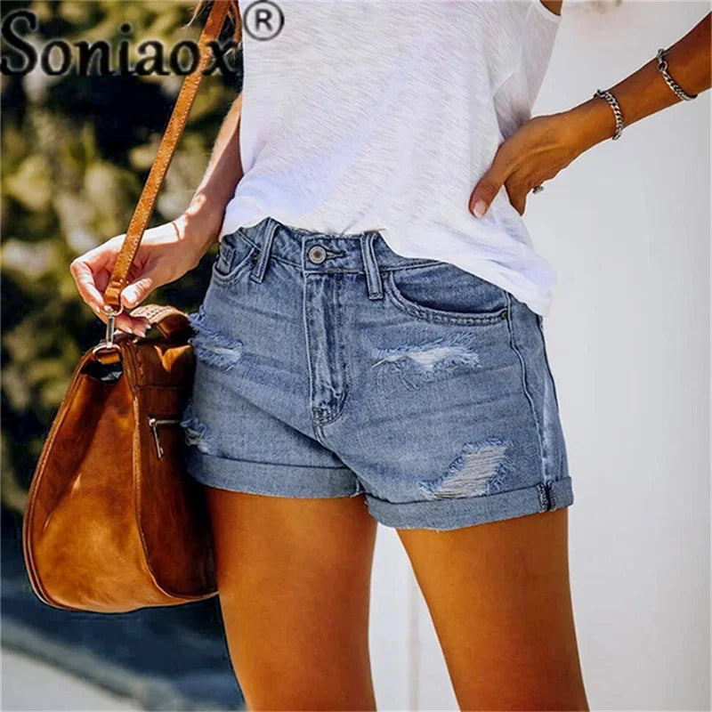 2024 Summer New Women Crimping Button Up Stretch Sexy Hole Jean Shorts High Waist Skinny Streetwear Trendy Ripped Denim Shorts