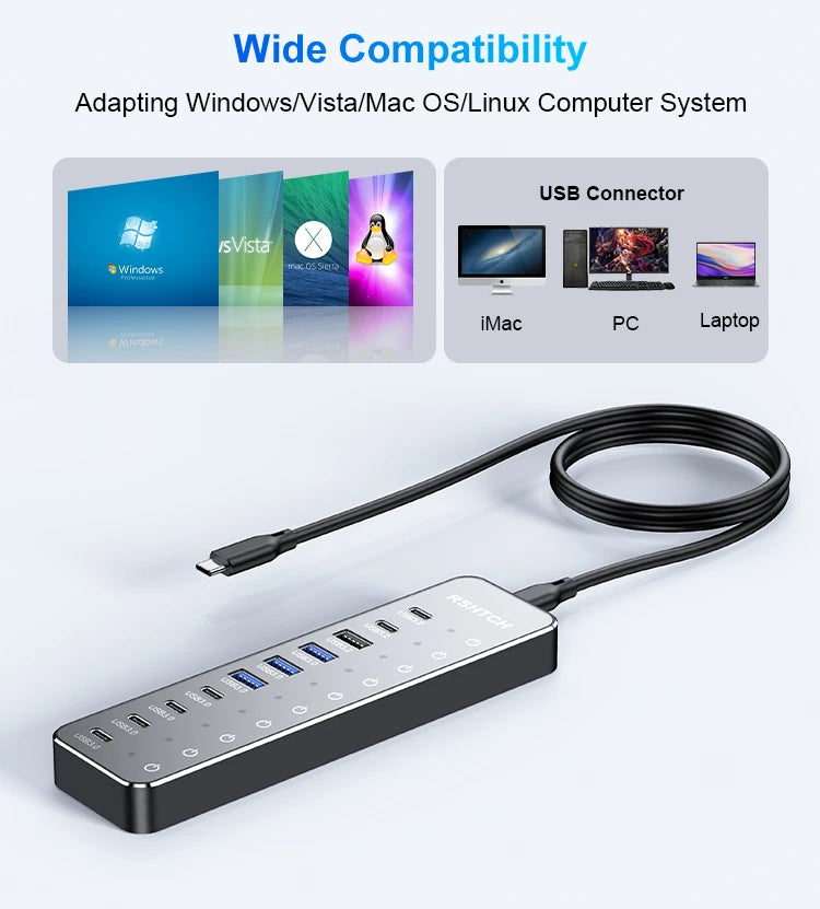 RSHTECH 10 in 1 USB C Hub 10Gbps USB-C with Individual Touch Switches Multiport Splitter Docking Station for MacBook Laptops PC