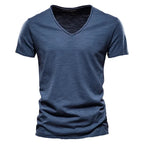 Spring Summer Cotton T Shirts Men 2025 Simple VNeck Stretch Solid New Tops Clothing Casual Tshirt Man Streetwear Cool Tee Shirts