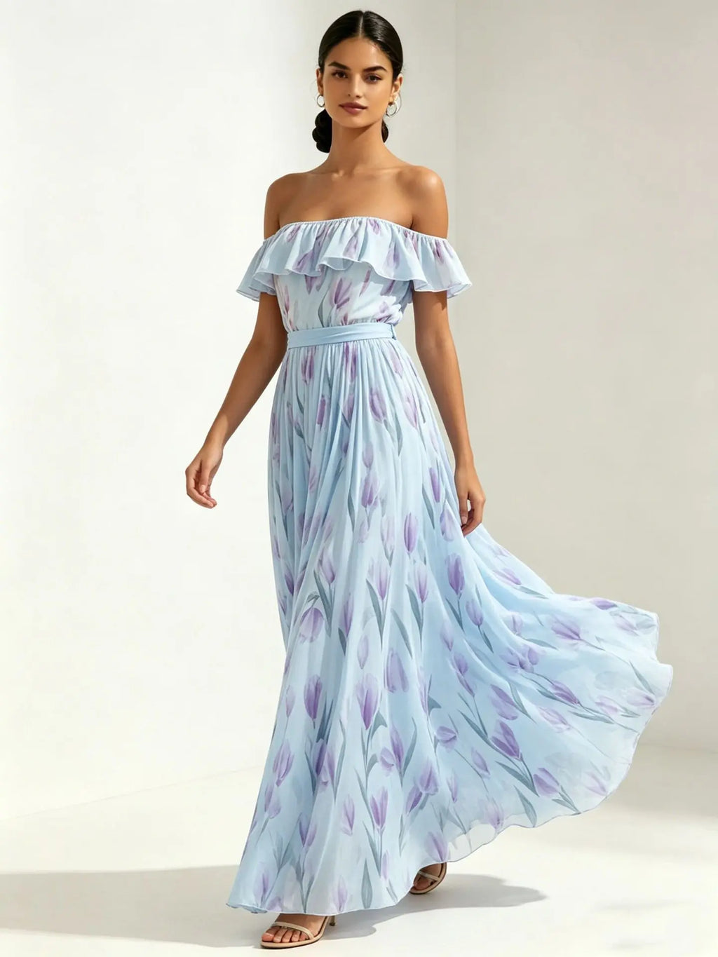 2026 summer off-the-shoulder tulip print plus size slimming square neck maxi dress