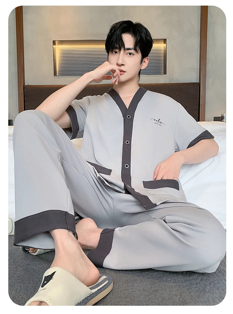Men's Japanese Kimono Casual Fashion Solid Color Cardigan Loose Summer Short-Sleeved Pajamas with long pants Home Comfort Wear