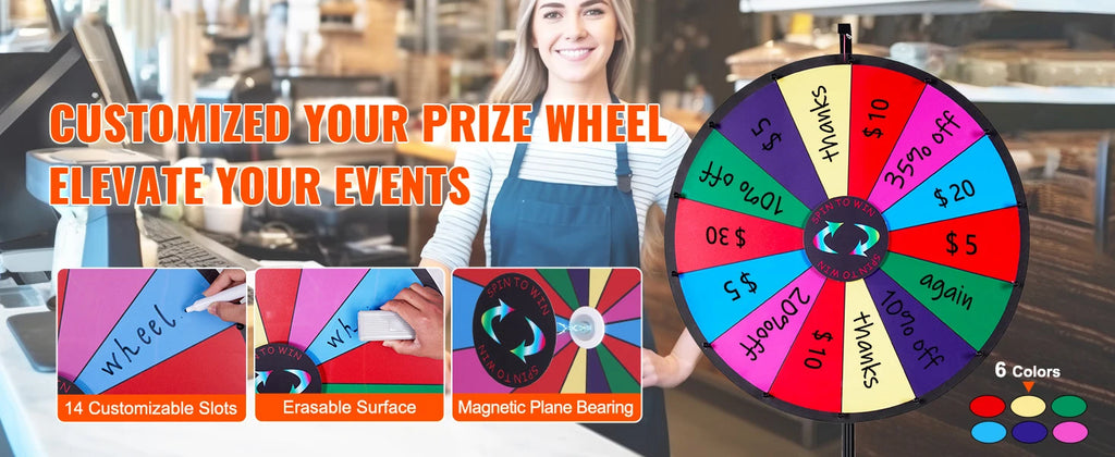 SucceBuy 18 Inch Tabletop Color Prize Wheel w/ Folding Tripod Floor Stand 14 Slots Dry Erase for Win Fortune Spinning Stand Game
