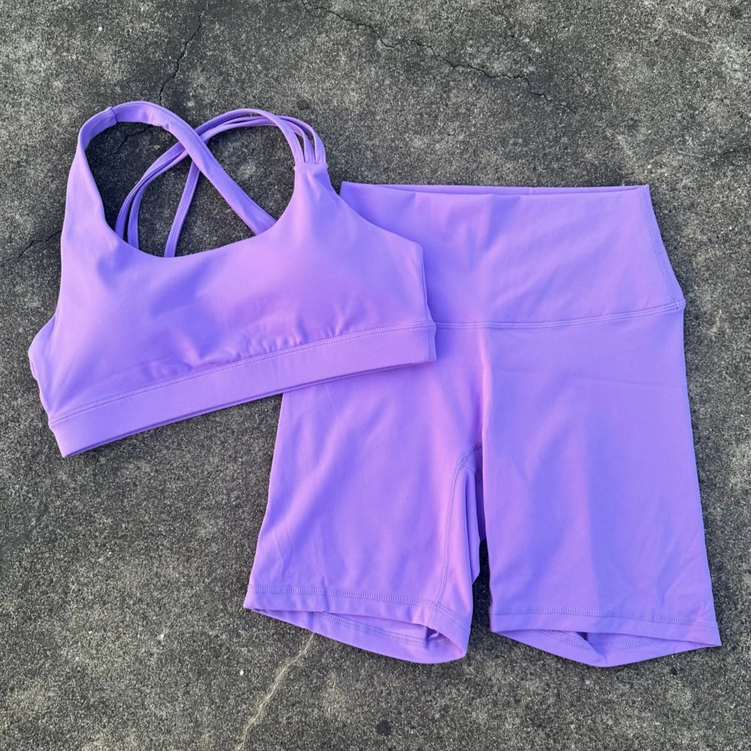 Solid Color High Waist Gym Yoga Short Legging Set Tight Women Cross Back High Impact Shoulder Strap Fitness Bra Top Sportwear